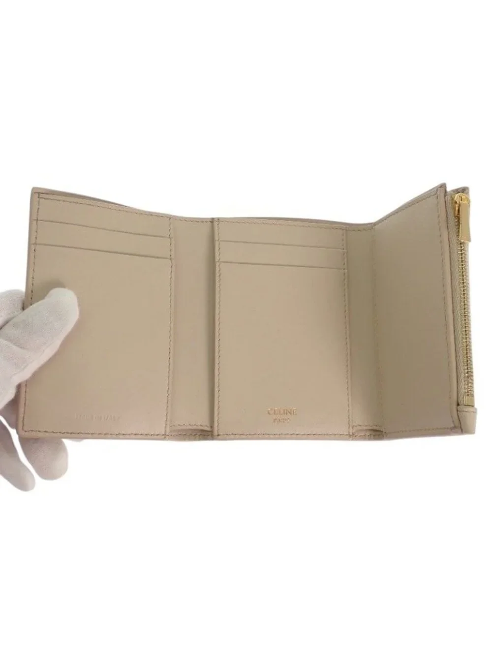 Celine Fine Strap Wallet Trifold Calfskin Beige Cream Triomphe Gold Included